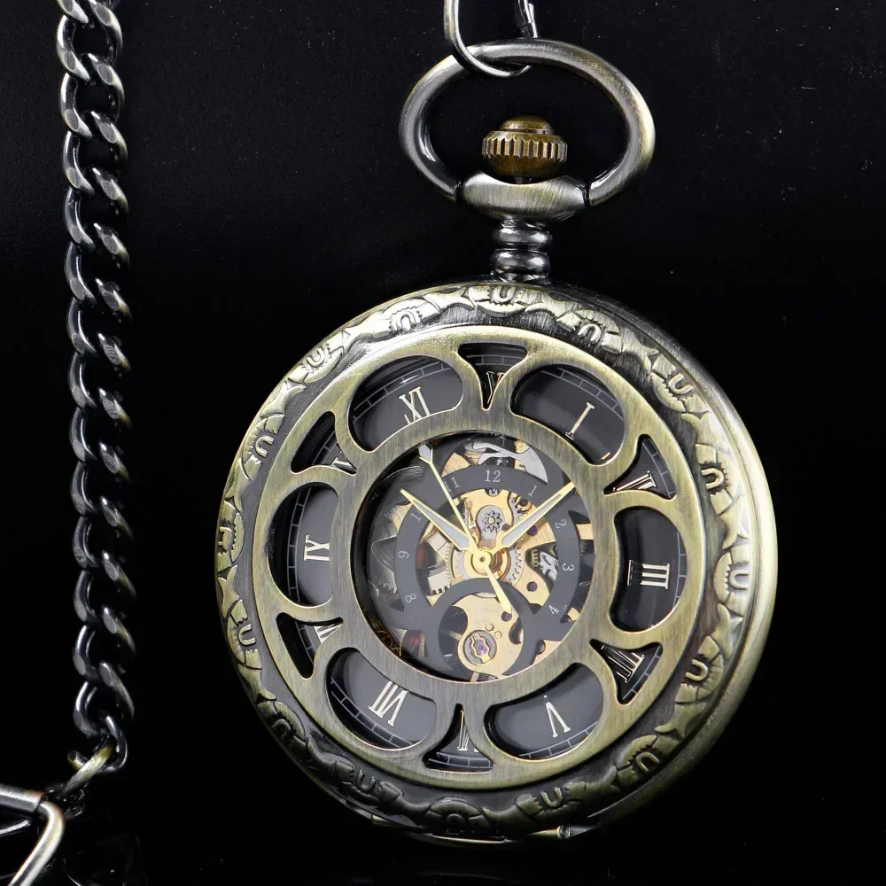 

Retro Flower Hollow Skeleton Automatic Mechanical Pocket Watch Mens Fob Chain Steel Exquisite Sculpture Women Roman Numerals