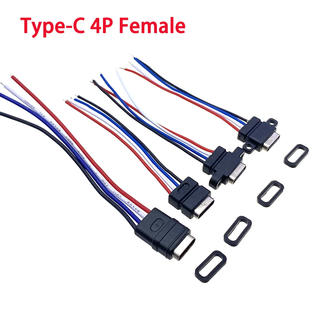 Водонепроницаемый разъем USB типа C с резиновым кольцом, гнездовой разъем для быстрой зарядки, 4-контактный разъем USB-C для зарядного устройства