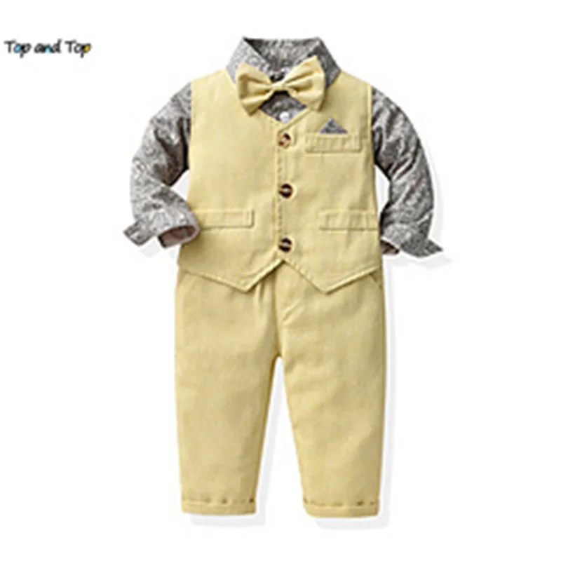 

top and top Fashion Baby Boys Gentleman Clothing Sets Long Sleeve Print Floral Shirts with Bowtie+Vest+Pants Infant Boys Suits