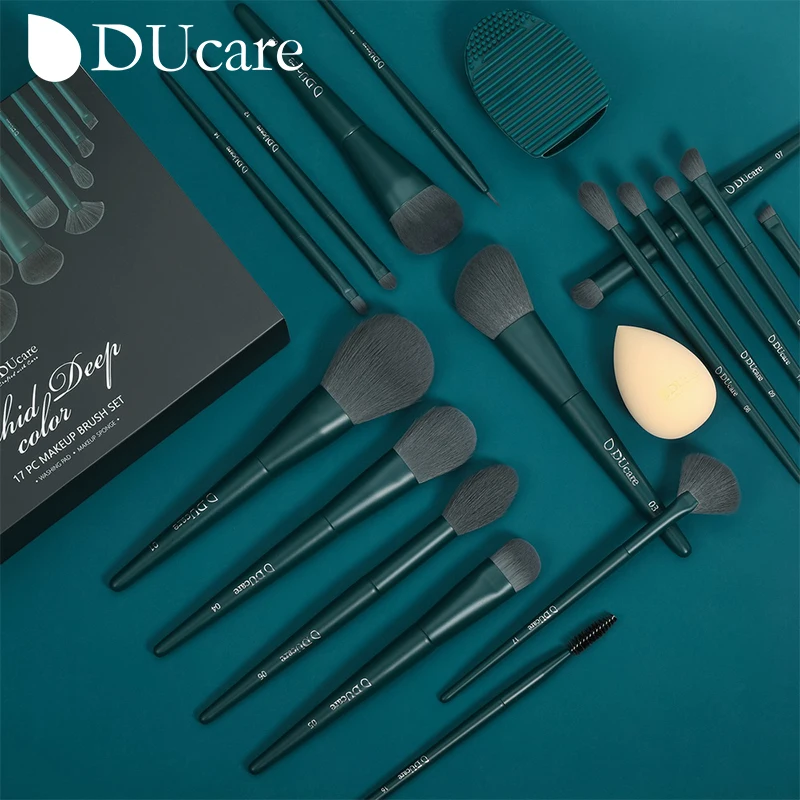 DUcare – kit de pinceaux de maquillage professionnels, poils synthétiques avec éponge et outils de nettoyage, tampon pour fond de teint, ombre à