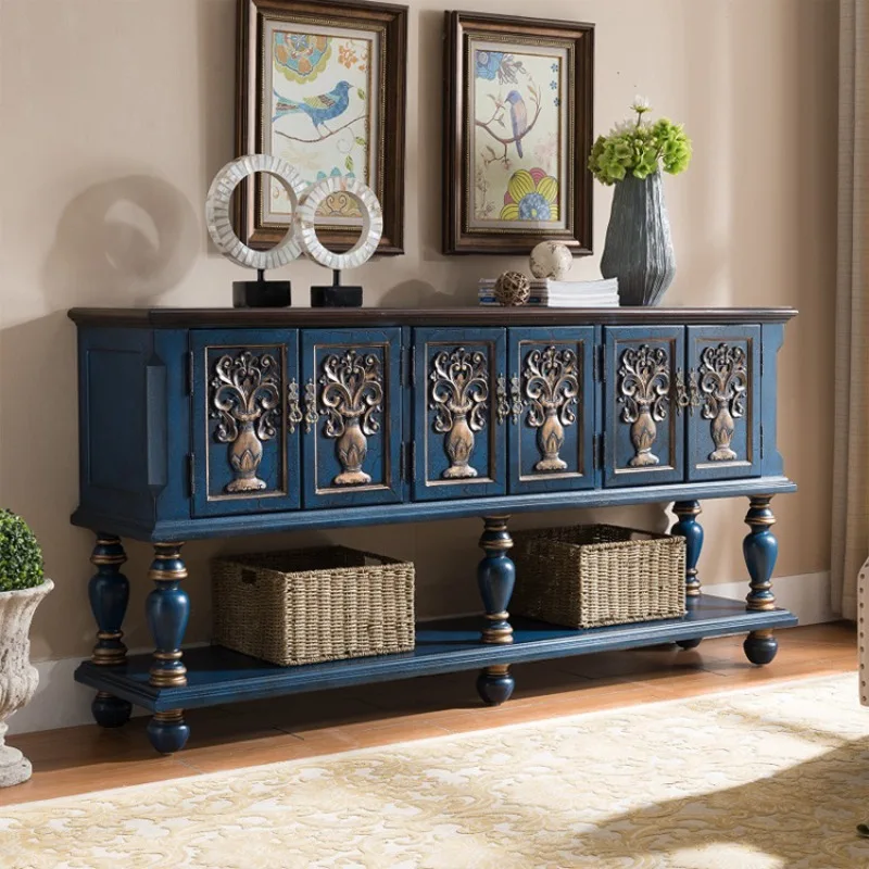 

American side cabinet 1.8 meters, cupboard, locker, tea cabinet, six-door carved vase, Anxuan cabinet, retro blue.