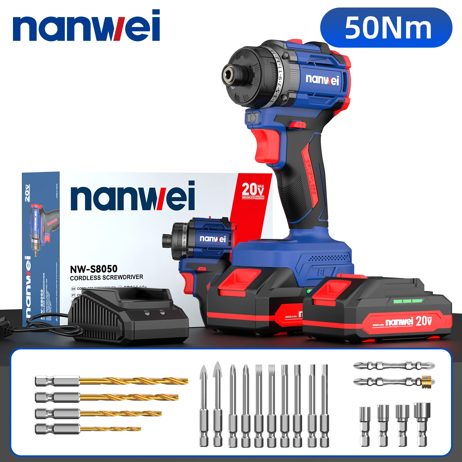 

Nanwei Power Tools 20V Brushless Cordless Electric Screwdriver Rechargeable Screwdriver 50NM Screwdriver DIY Electric Tools