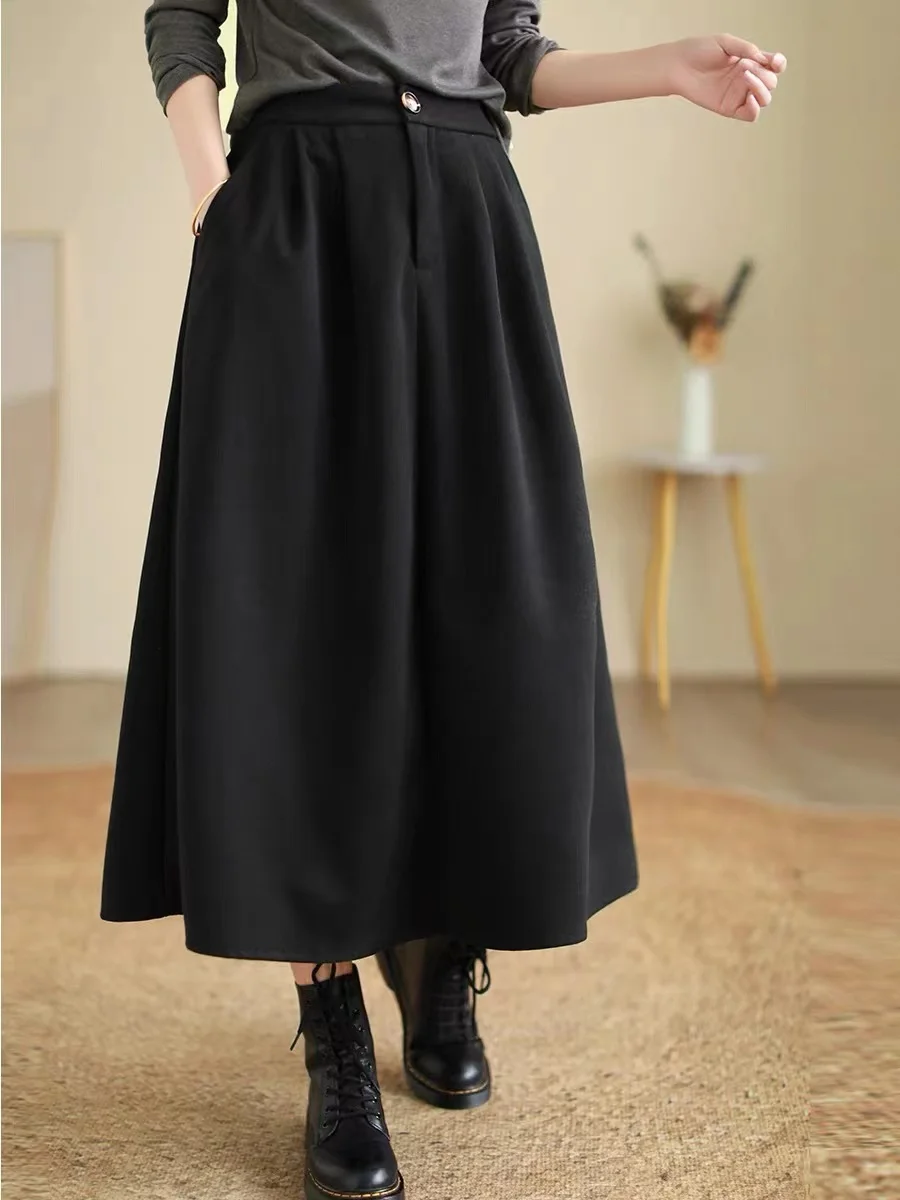 

Retro Pure Color Midi A-Line Skirt Women's Autumn Winter Large Size Woolen f Skirt Artistic Versatile High Waist Skirt
