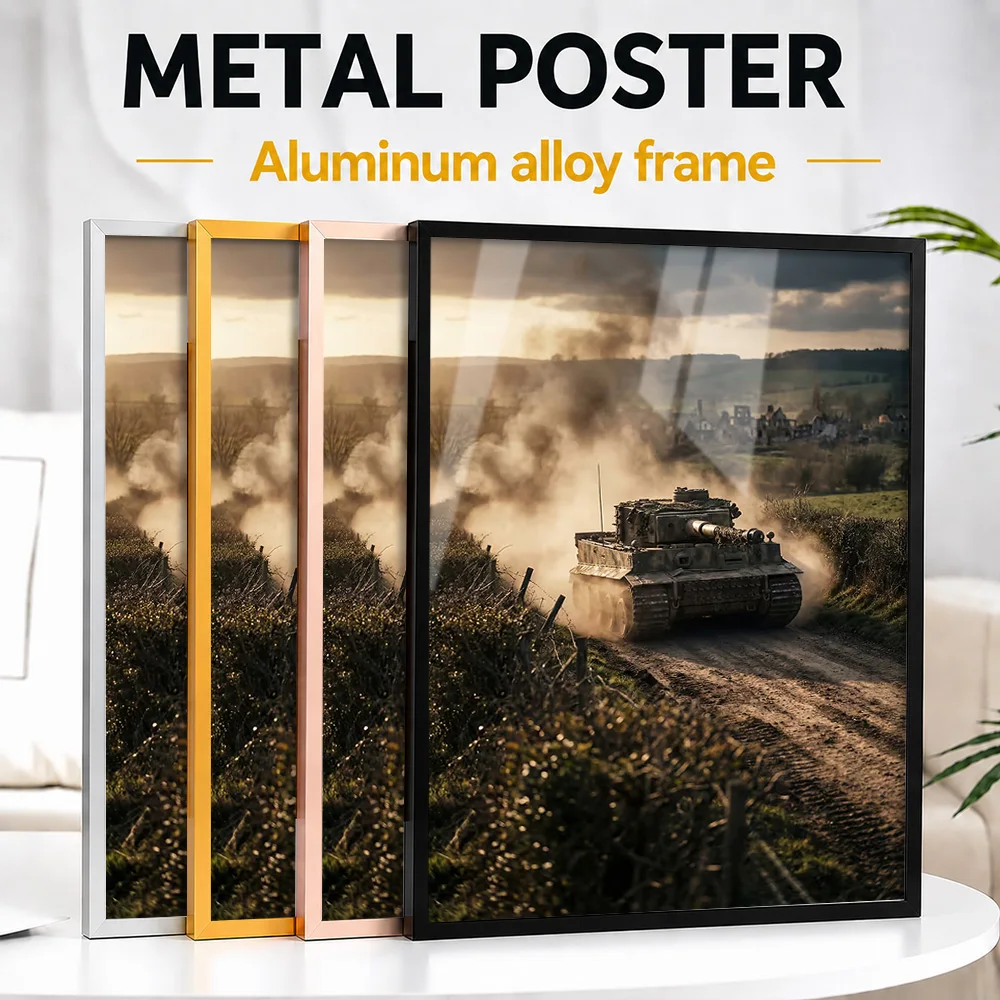 Tiger Tank On A Dusty Road Framed Aluminum Metal Poster Customized Photo Camouflaged Machine Style Wall Art For Collector Room