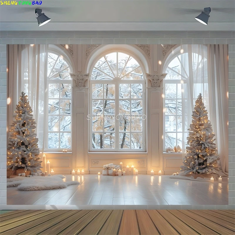 

Fireplace Christmas day Pine Tree Photography Backdrops Props New Year Festive Gift Family Holiday Photo Studio Background DC-17