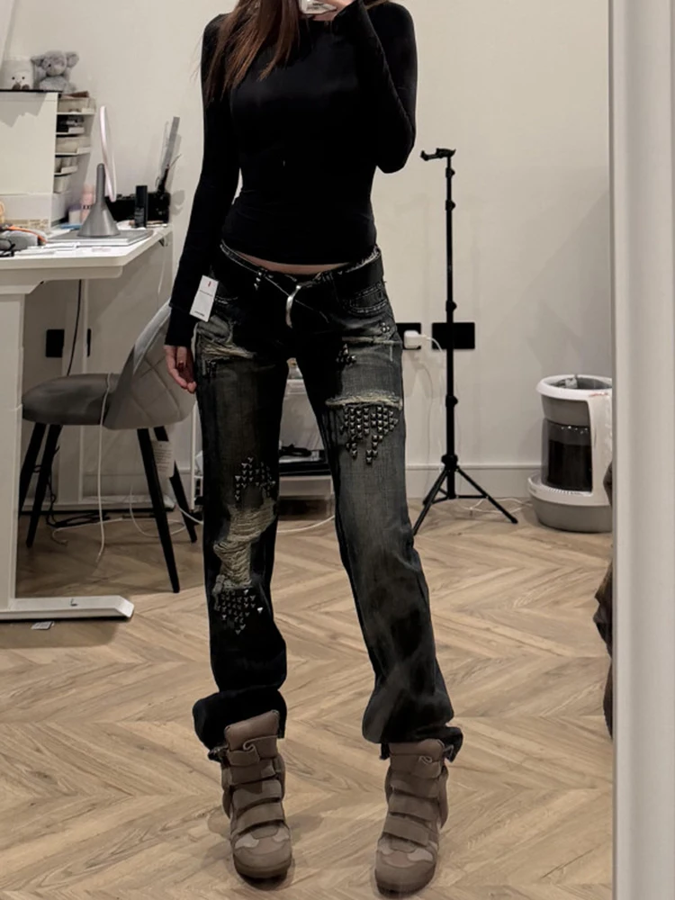 

Рваные джинсы в стиле ретро, женские осенне-зимние новые модные утягивающие прямые брюки с заклепками для девочек с низкой талией