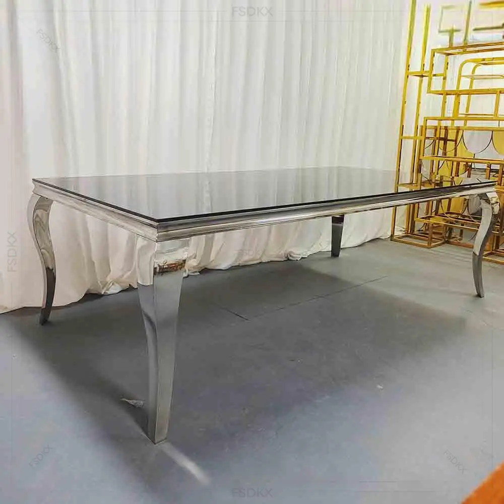 

New Style Hot Sale Elegant Silver Stainless Steel Wedding Dining Tables with Glass Table top