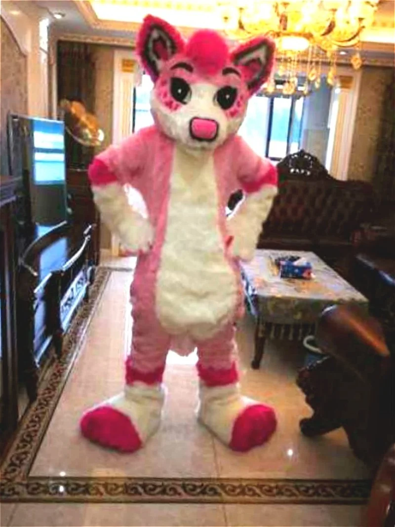 Halloween Xmas Birthday Party Pink Long Fur Husky Fox Dog Fursuit Furry Mascot Costume Cosplay Fancy Dress Adult Unisex Size