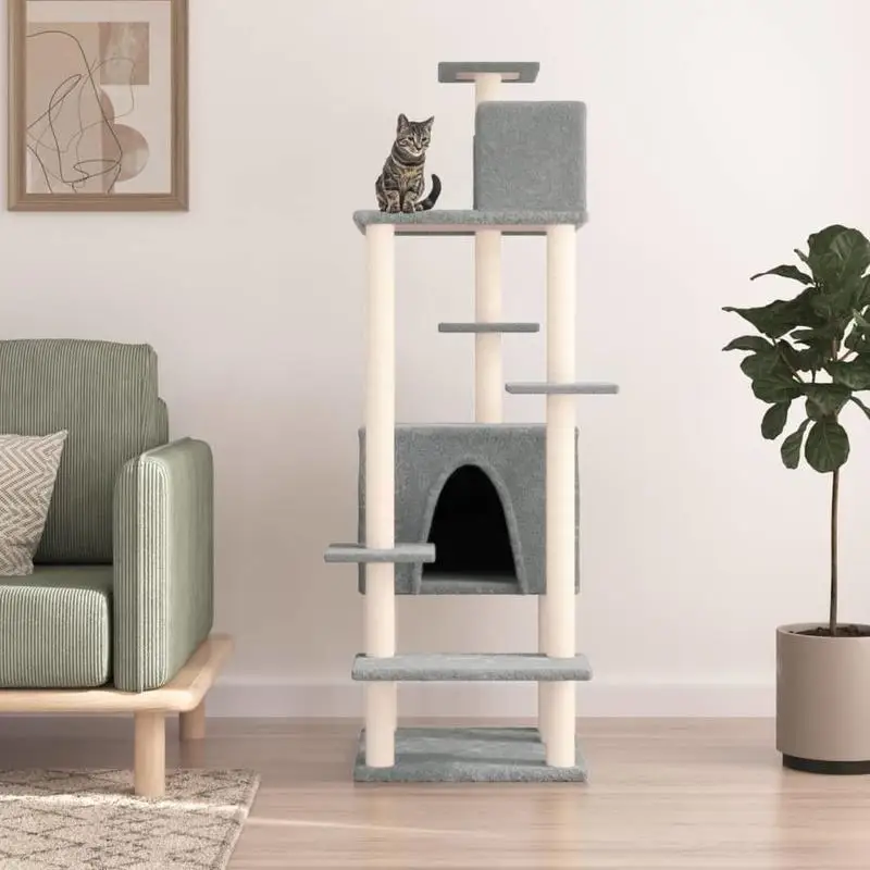Katzenbaum mit Sisal-Kratzstämmen Hellgrau 154 cm, Katzenbaum mit Sisal-Kratzstämmen für Hauskatzen, Hellgrau