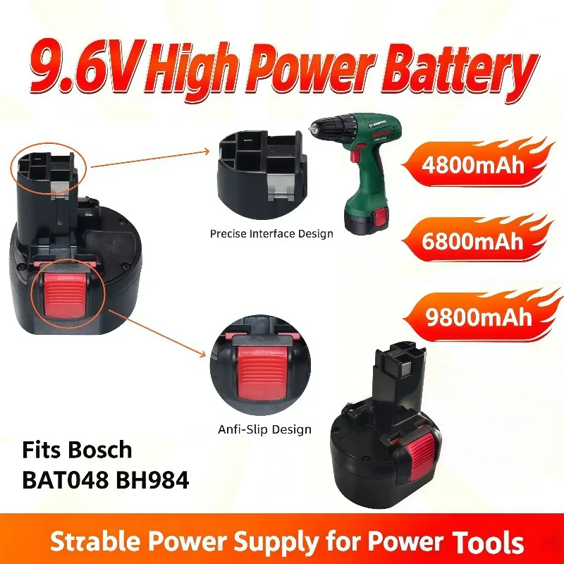 Compatible 9.6V Ni-MH Replacement Battery Bosch BAT048 BH984, 4800/6800/9800/12800mAh Reliable Power Supply for Power Tools