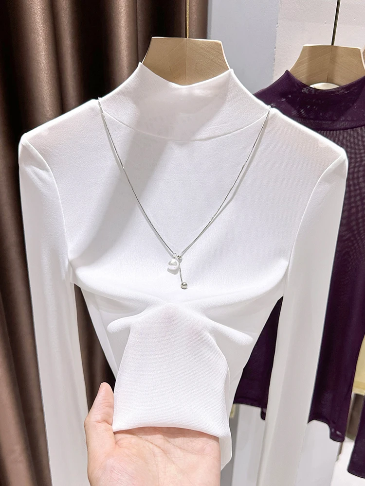 

Модная универсальная женская кружевная базовая футболка с высоким воротником, тонкая, прозрачная, осенняя, белая, для ношения под одеждой, дышащая, из нейлона