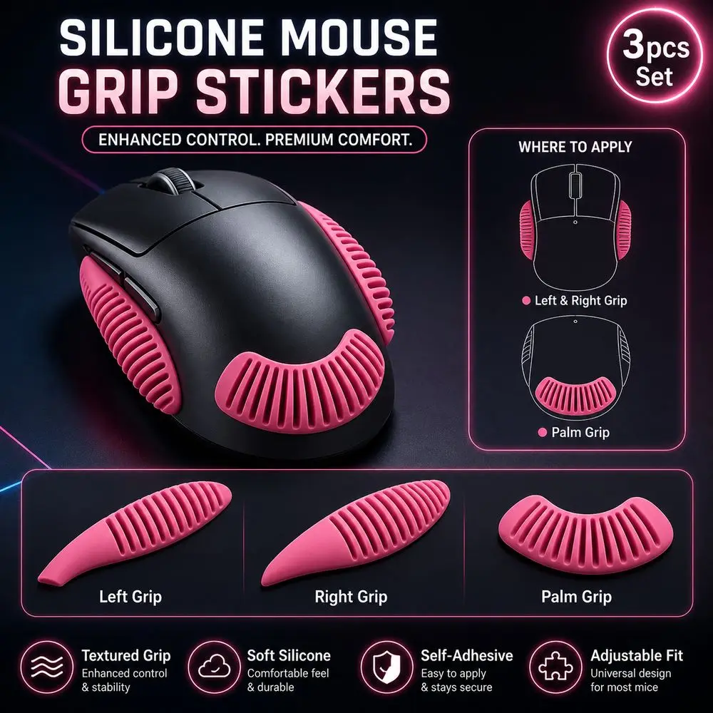 3pcs/Set Silicone Mouse Grip Tape 3D Wave Texture Anti Slip Mouse Grip Stickers Soft Touch Self Adhesive for Logitech and Razer