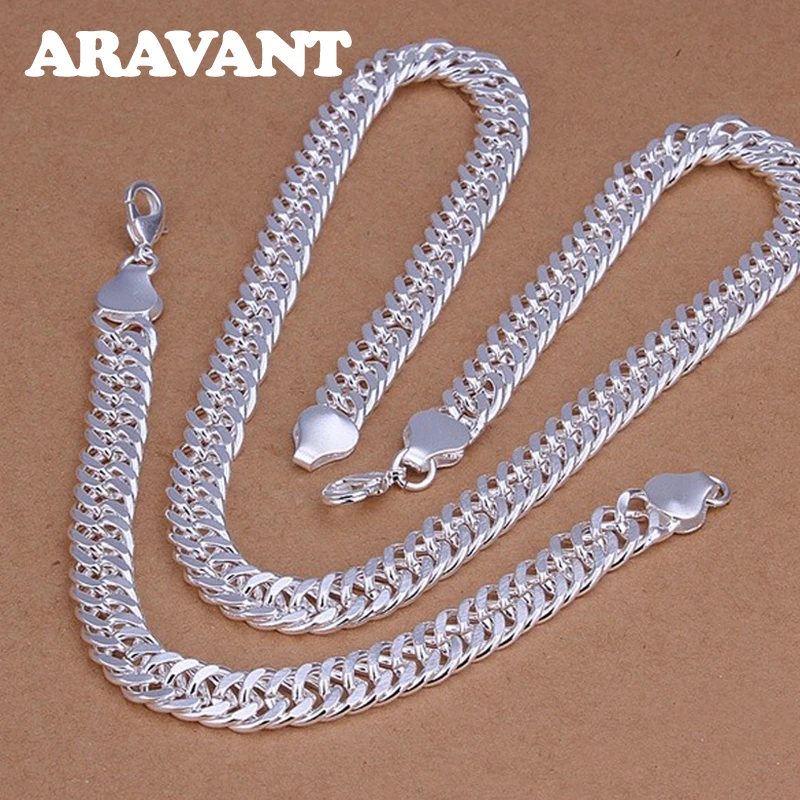 Aravant 925 Sterling Silver 10MM Chain Necklace Bracelet Set For Men Women Fashion Wedding Jewelry