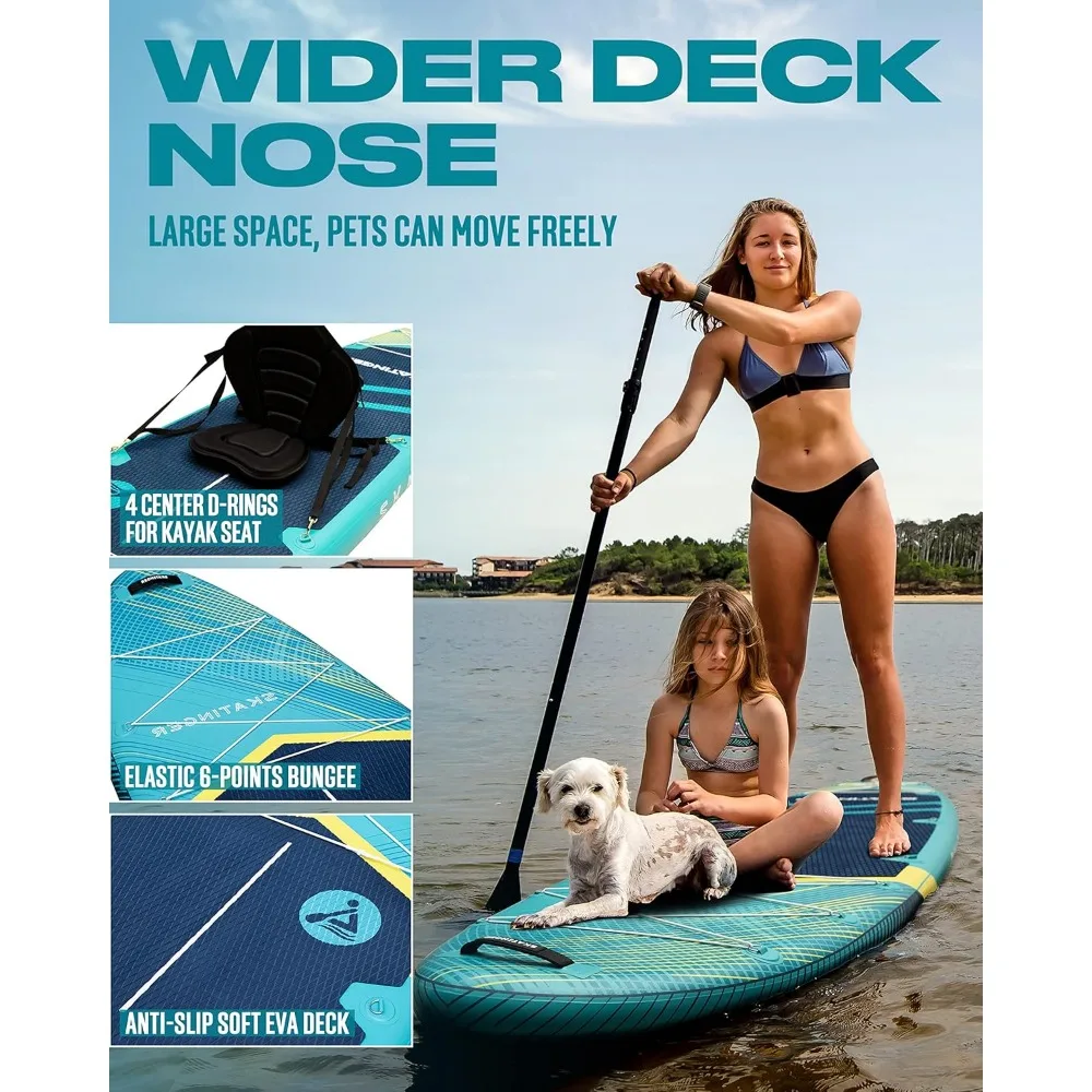 Placa inflável de stand-up paddle super larga, ultra estável, larga para 2 + 1 pessoas, família, tamanho grande, com alça de ombro, 11 polegadas, 6 polegadas × 35 polegadas