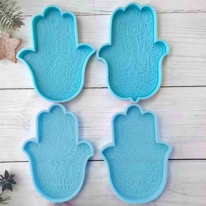 

R9JE Khamsah Hamsa Hand Epoxy Resin Silicone Mold Fatima Hand Tray Resin Casting Mold Elephant in the for Palm Soap M