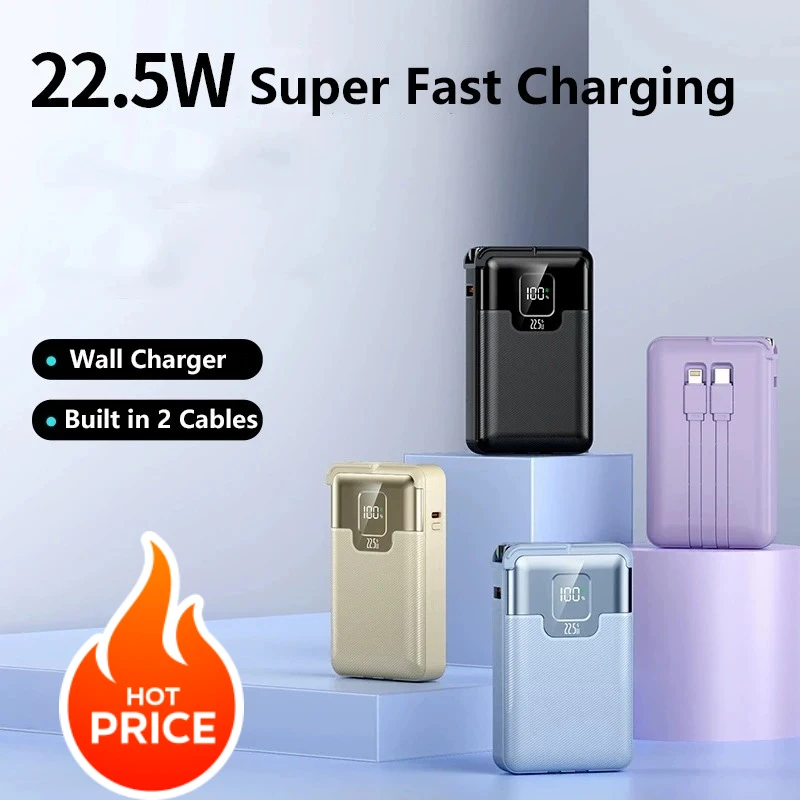 

3 IN 1 Power Bank Wall Charger With Cable Plug Powerbank 22.5W Fast Charging for iPhone 16 Samsung Xiaomi Spare Battery 10000mAh