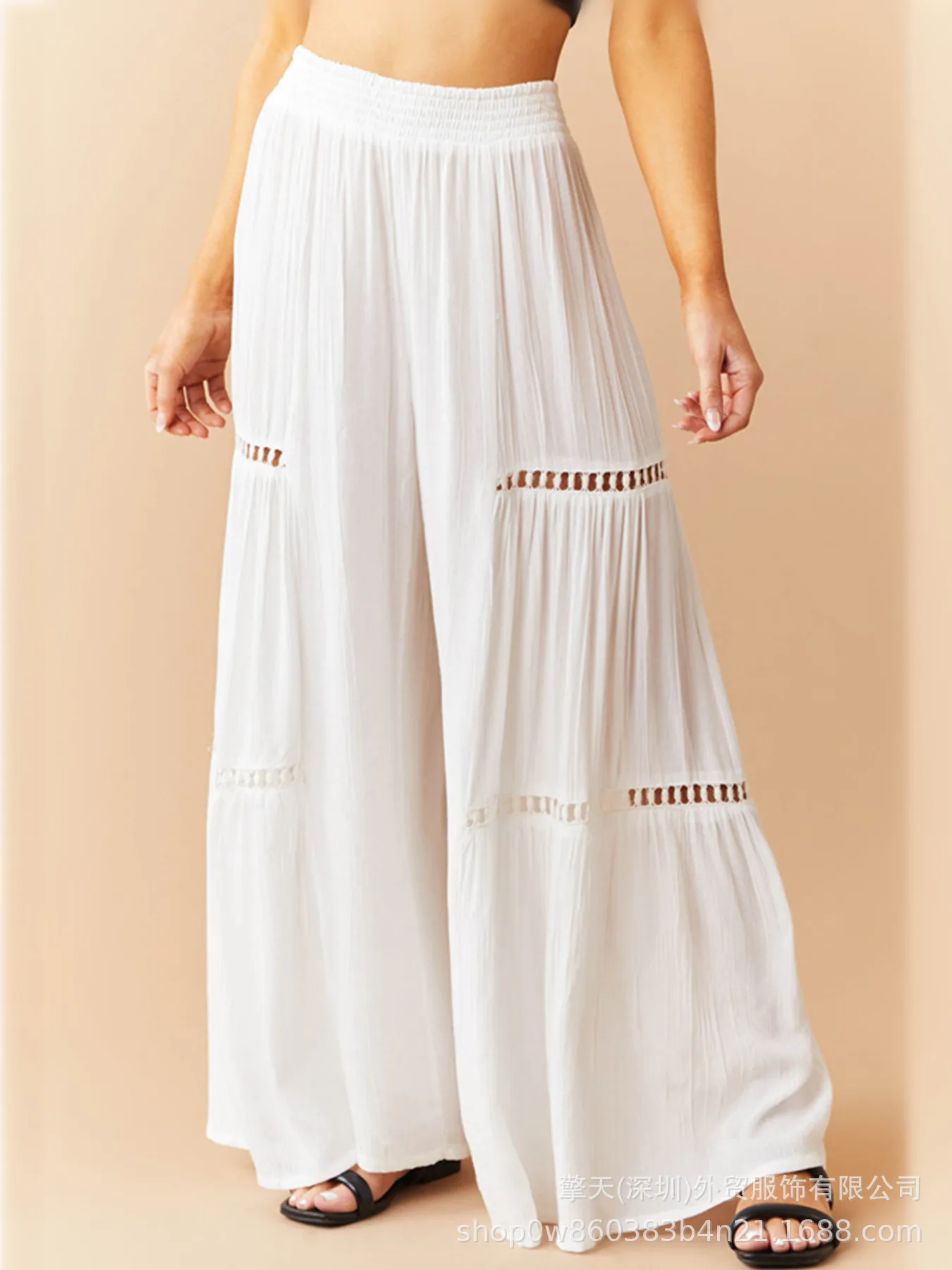 

Spring Autumn Lady White Versatile Elastic High Waist Mopping The Floor Trousers Casual Hollow Out Loose Crumpled Wide Leg Pants