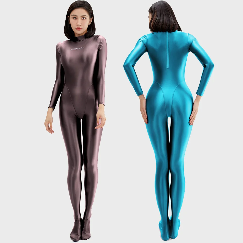 Zentai-Mono de satén brillante para mujer, traje Sexy de manga larga con cremallera trasera, Catsuits, Medias brillantes y lisas