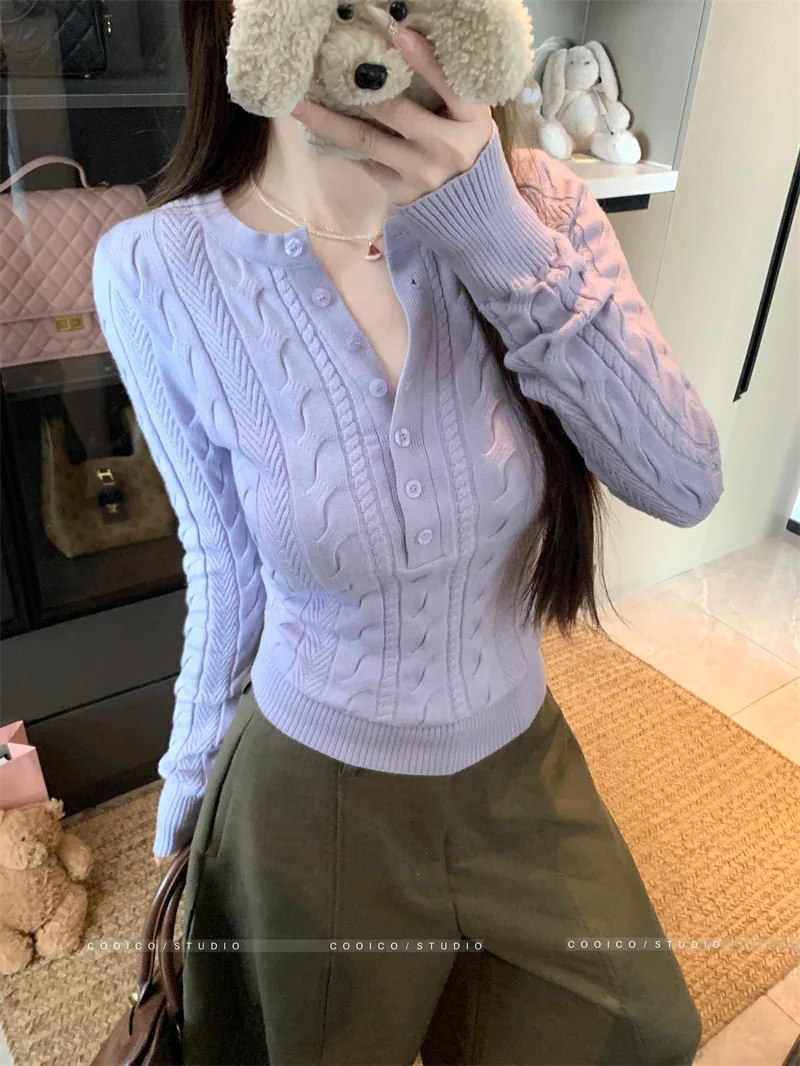 

Sweet Lavender Cable Knit Cardigan V-neck Button Slim Fit Knitwear Top Korean Style Casual Soft Knitted Sweater Women