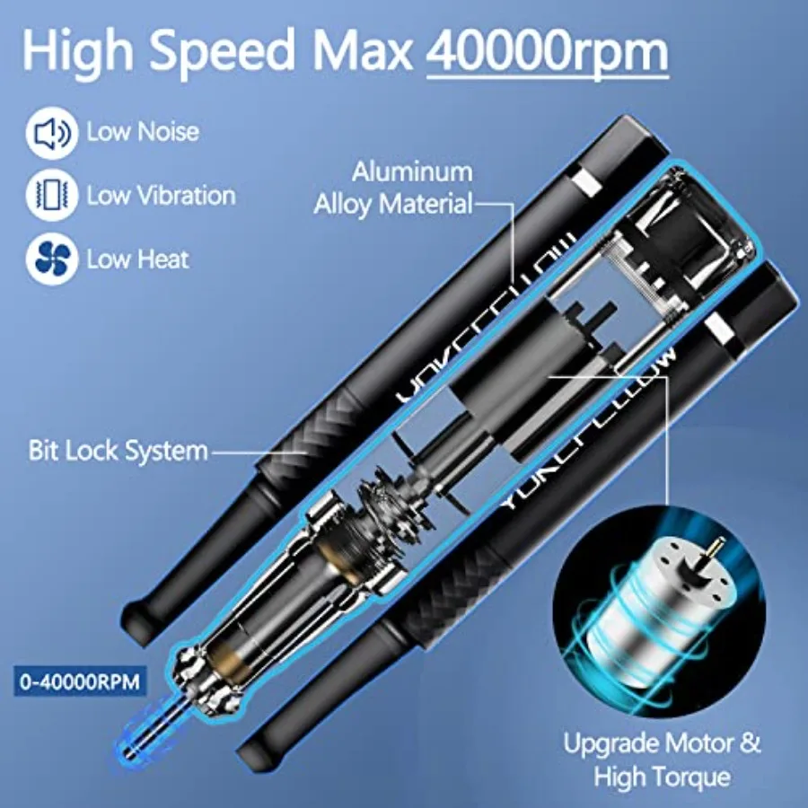 Yokefellow Nail Drill, Profional Portable 40000RPM Nail Drills hine Electric Engraving Drill for Glass