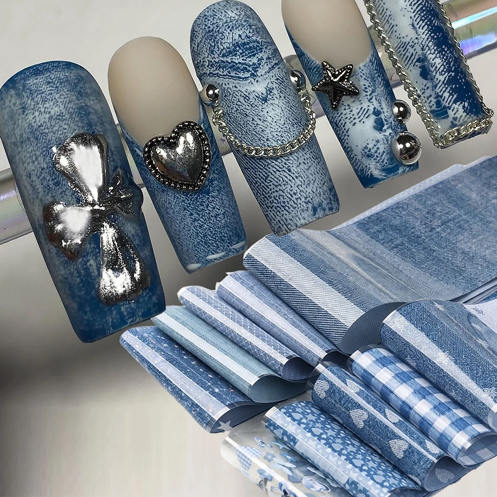 10 Stück Blaue Denim-Textur Nagelfolie Retro Verwitterte Herzen Jeans Nageltransfer Sternenhimmel-Papier Punk Cowboy Nagelaufkleber