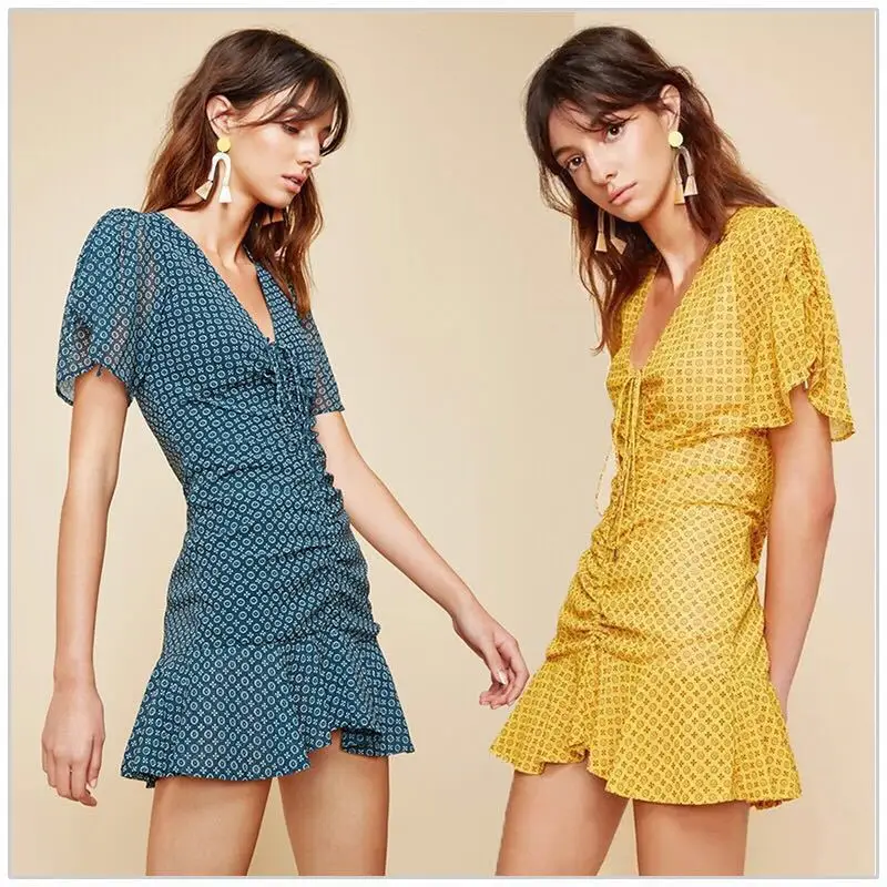 Spring Summer New V-ne Printed Long Sve Chiffon Dr High Waist Flounce Hem Wrap Sle Women's Casual Faion Dr