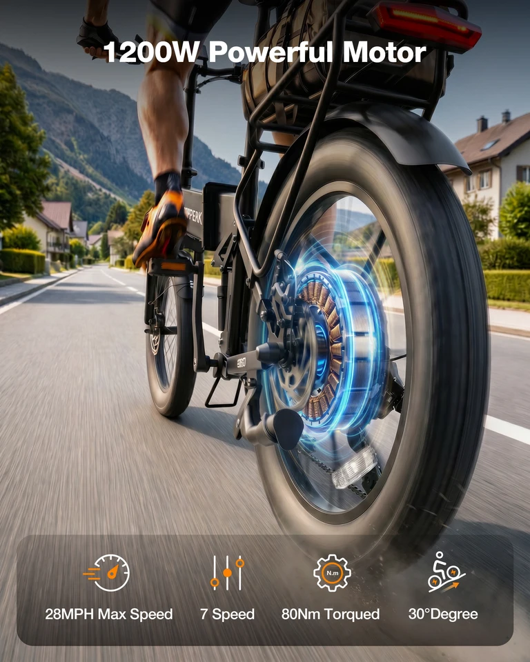 Hopepeak Z20 Folding Electric Bike for Adults, 1200W Peak Motor 48V 12Ah Battery, 20"×3" Fat Tire Commuter Ebike, 28MPH 65Mi,  7 Speed Foldable Electric Bicycle with Full Suspension image 6