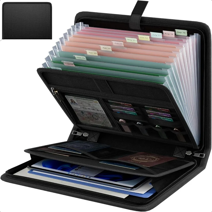 

Fireproof Accordion File Organizer Portable Expanding File Folder with Waterproof ZipperLabels Black Document Organizer with 13