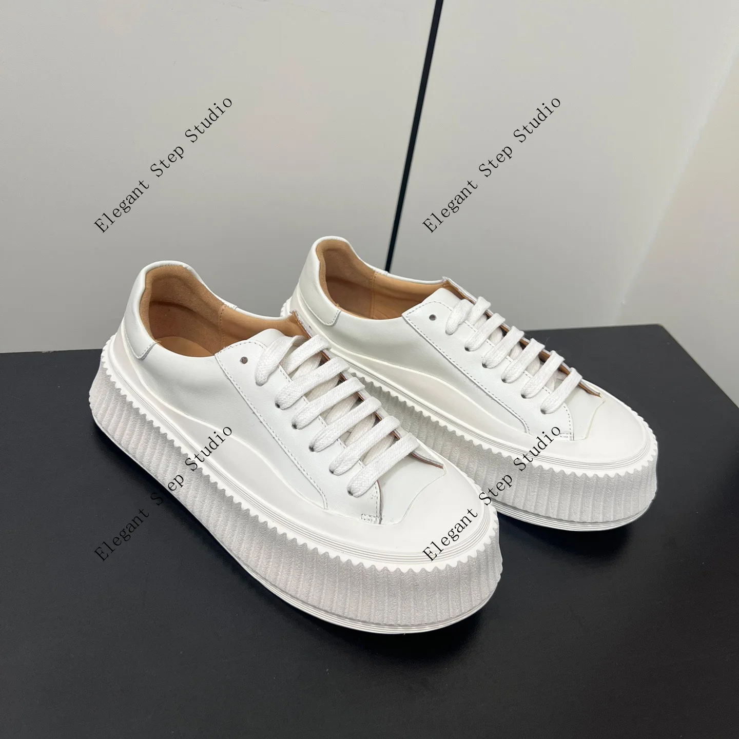 Unisex Shoes Leather Platform Sneakers Low-top Lace-up White