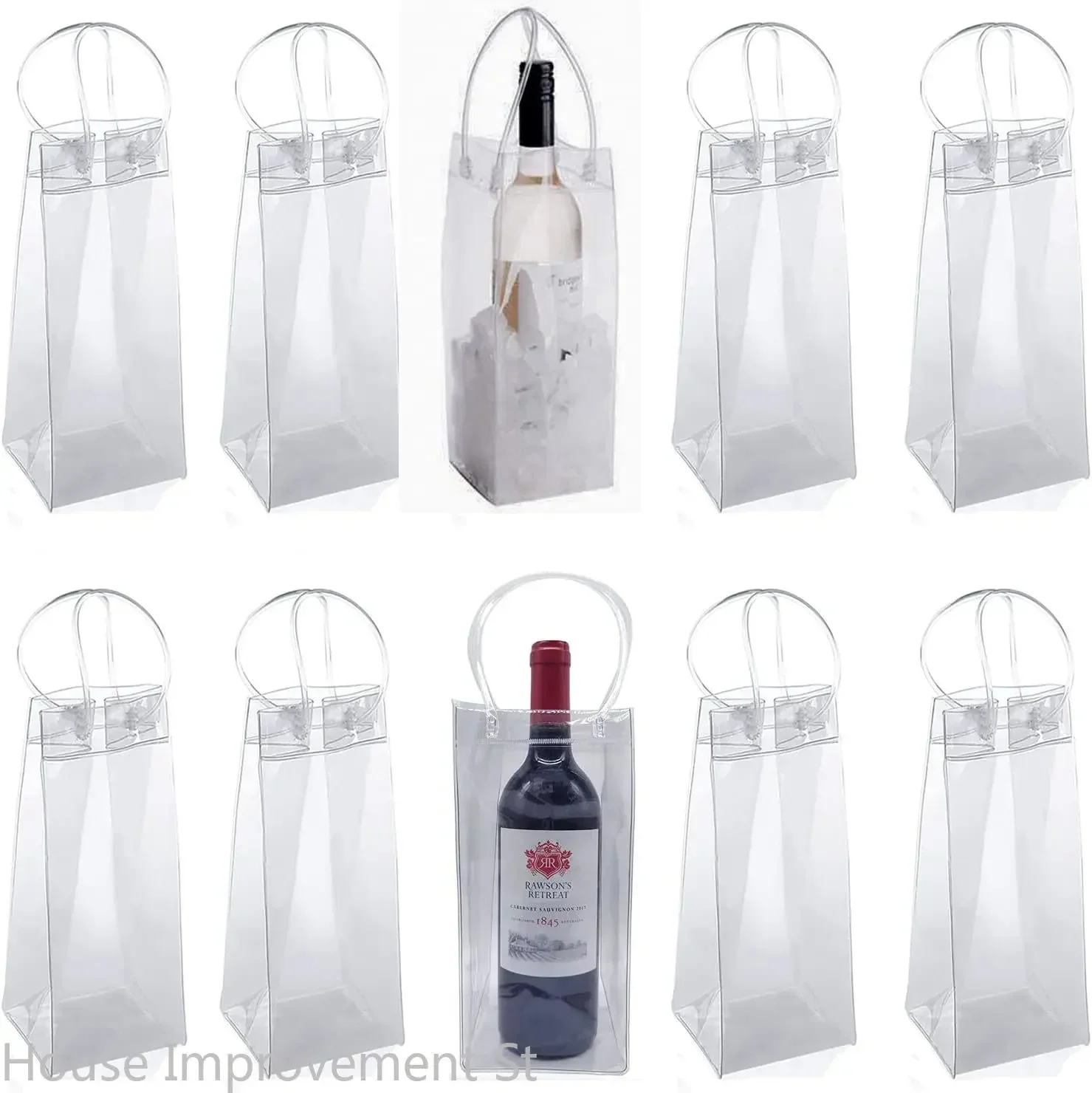 

10 Pack Ice Wine Bag with Handel Collapsible Clear PVC Pouch Wine Cooler Bag Wine Chiller Sleeves for Champagne Beer Beverages