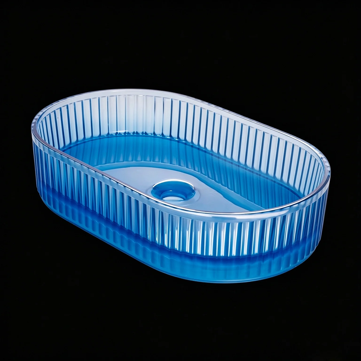 Blue Clear Vertical Fluted Oval Resin Vessel Sink Above Counter Bathroom Basin, Modern Luxury Transparent Resin Wash Sin  RS9092
