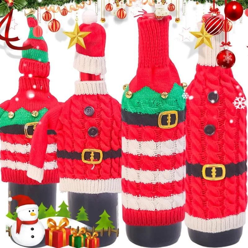 Christmas Wine Bottle Cover Soft Knitted Bag Santa Claus Snowman Woven Wine Set Wine Bottle Protector New Year Xmas Table Decor