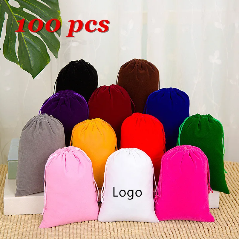 100 sztuk/partia aksamitne torby ze sznurkiem woreczki na biżuterię 5x7 7x9 8x10 10x12cm wesele torba do pakowania prezentów niestandardowe logo drukuj