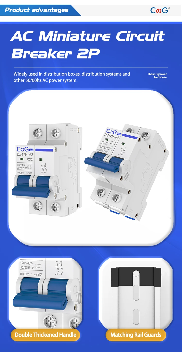 CG AC Miniatur-Leistungsschalter, 2-polig, 6 A, 10 A, 16 A, 20 A, 25 A, 32 A, 40 A, 50 A, 63 A, 120/240 V, thermischer magnetischer Auslöseschalter für DIN-Schienenmontage – Detail 2
