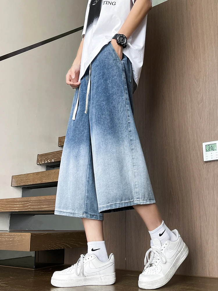 Waed adient Blue Jeans Men's Loose Wide Leg High Street American Retro Knee-Length orts Summer Casual Cotton Blend