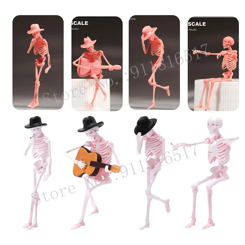 Mini 1/87 1/64 1/43 1/24 1/18 Skeleton Smoking Dancing Playing Guitar Skull Man Figure Street Scene Sand Table Photography Model