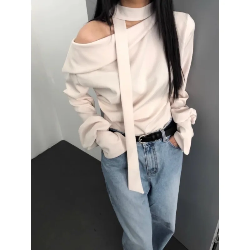 2024 Autumn for Women Crop Tops Vintage Korean Retro High Street Stain Shirt with Scarf Streetwear Tee Shirt