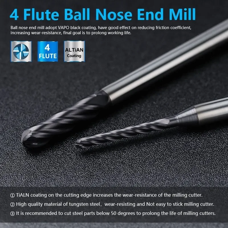 1pcs 4 Flutes Ball Nose End Mill HRC55 Solid Carbide CNC Router Bits 1/4 Inch Shank with 3 Inch Long Spiral Milling Cutter