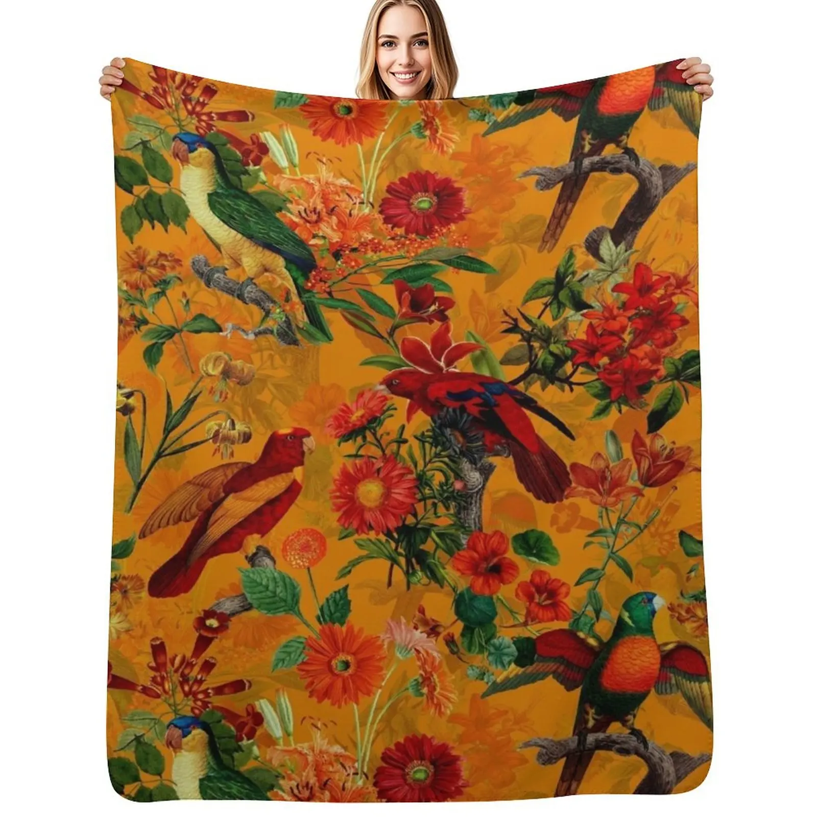 

Vintage Tropical Bird Jungle Botanical Garden orange Throw Blanket funny gift cosplay anime bed plaid Blankets