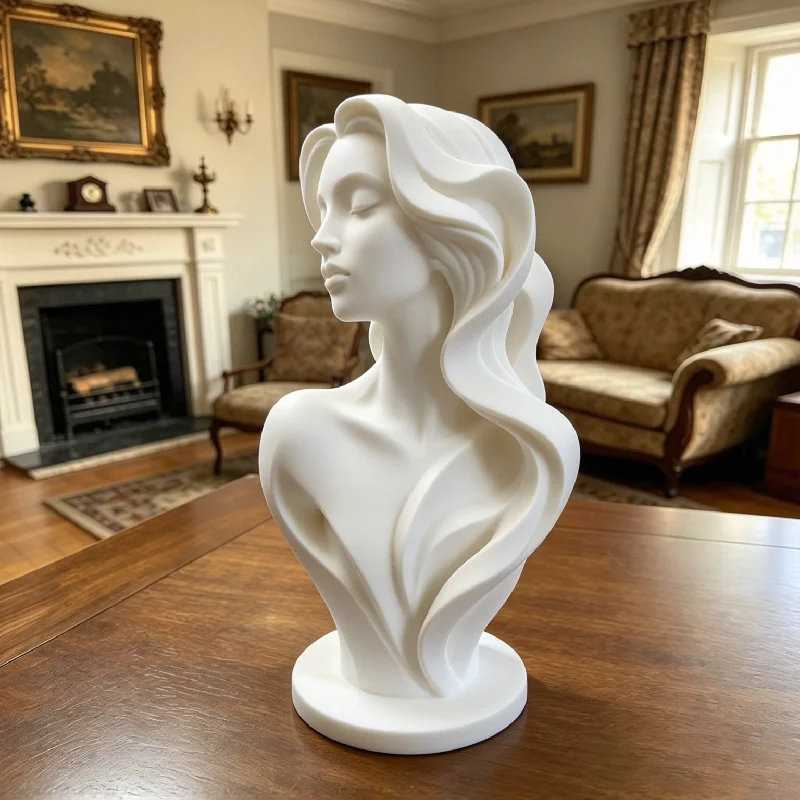 Elegant Woman Bust Figurine 3D Printed Curly Wave Hair Art Statue Aesthetic Tabletop Ornament For Office Bookcase Decor