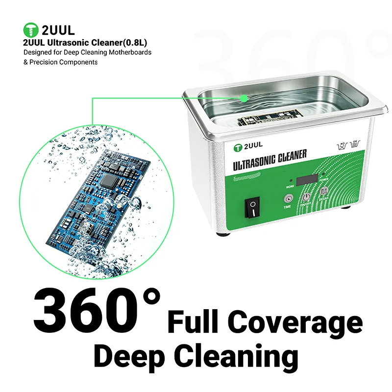 2UUL SS01 0.8L Digital Ultrasonic Cleaner 360° Deep Clean Stainless Steel for Motherboard IC PCB Rosin Flux Removal Repair Tools