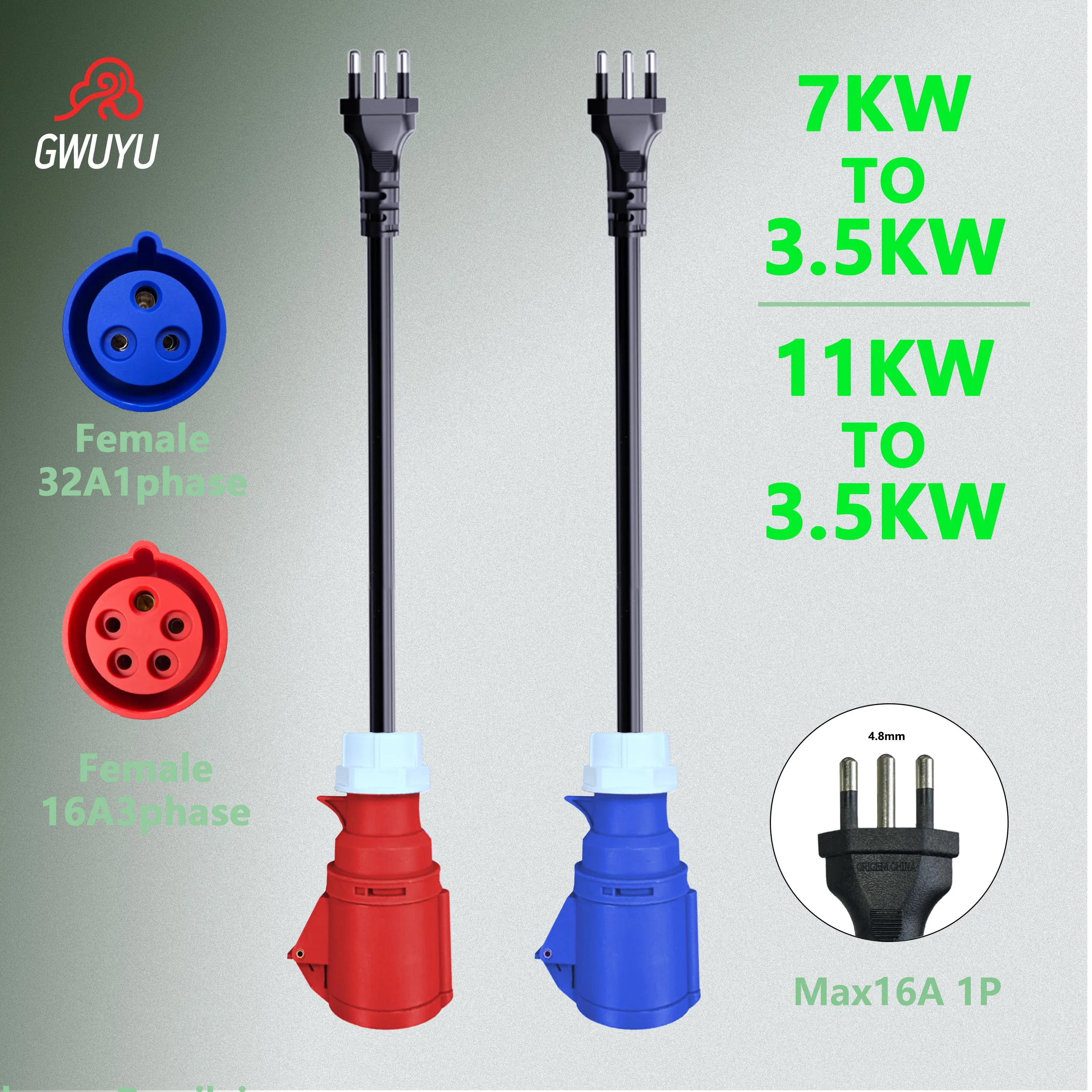 

GWUYU EV Charging Adapter 7KW 11KW to 3.5KW Brazilian Standard EV Charger Connector Conversion Plug for Electric Cars