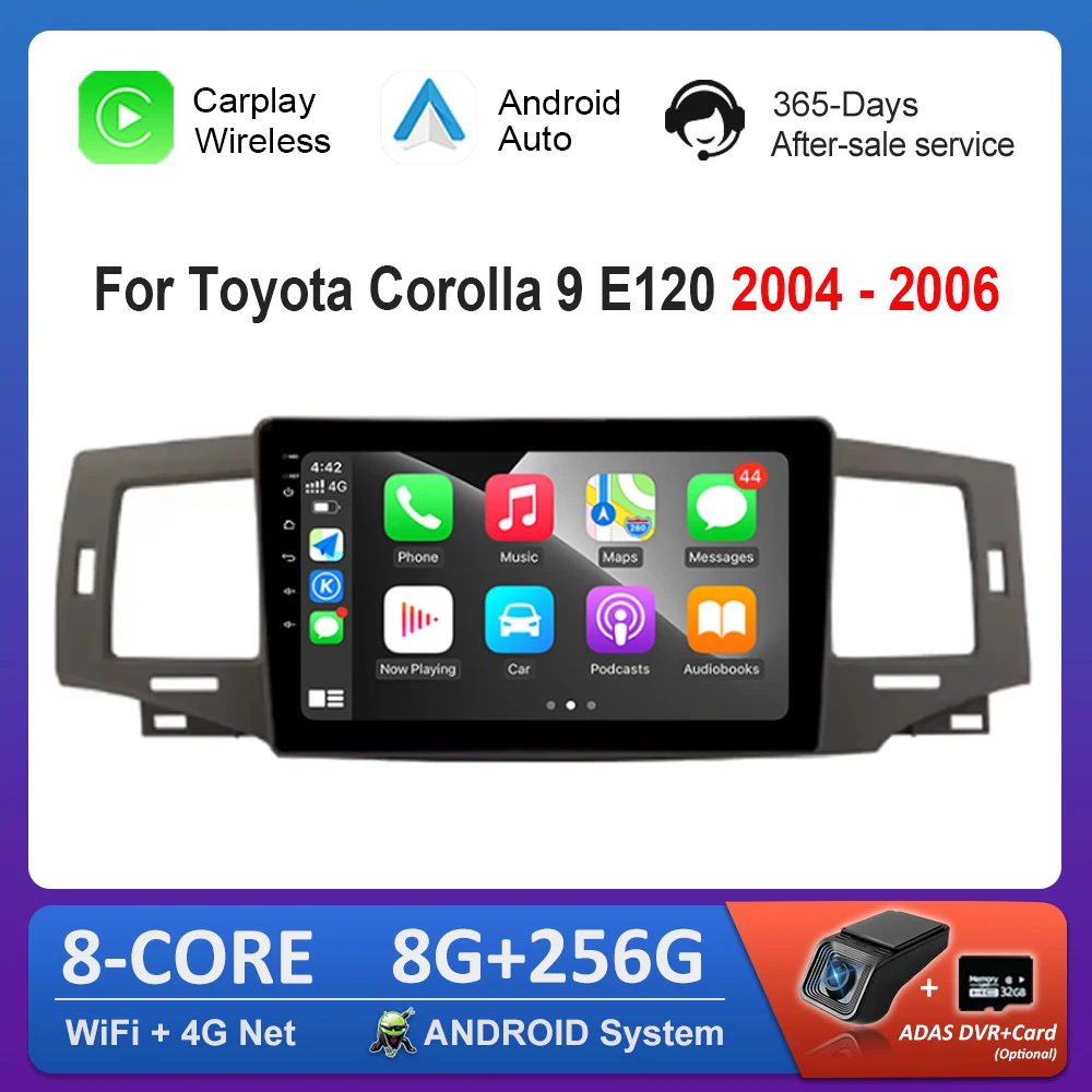 

GPS-навигация 9 дюймов для Toyota Corolla 9 E120 2004-2006 ОС Android Автомобильный видео Мультимедийный плеер Carplay 4G WiFi BT Автоинструменты