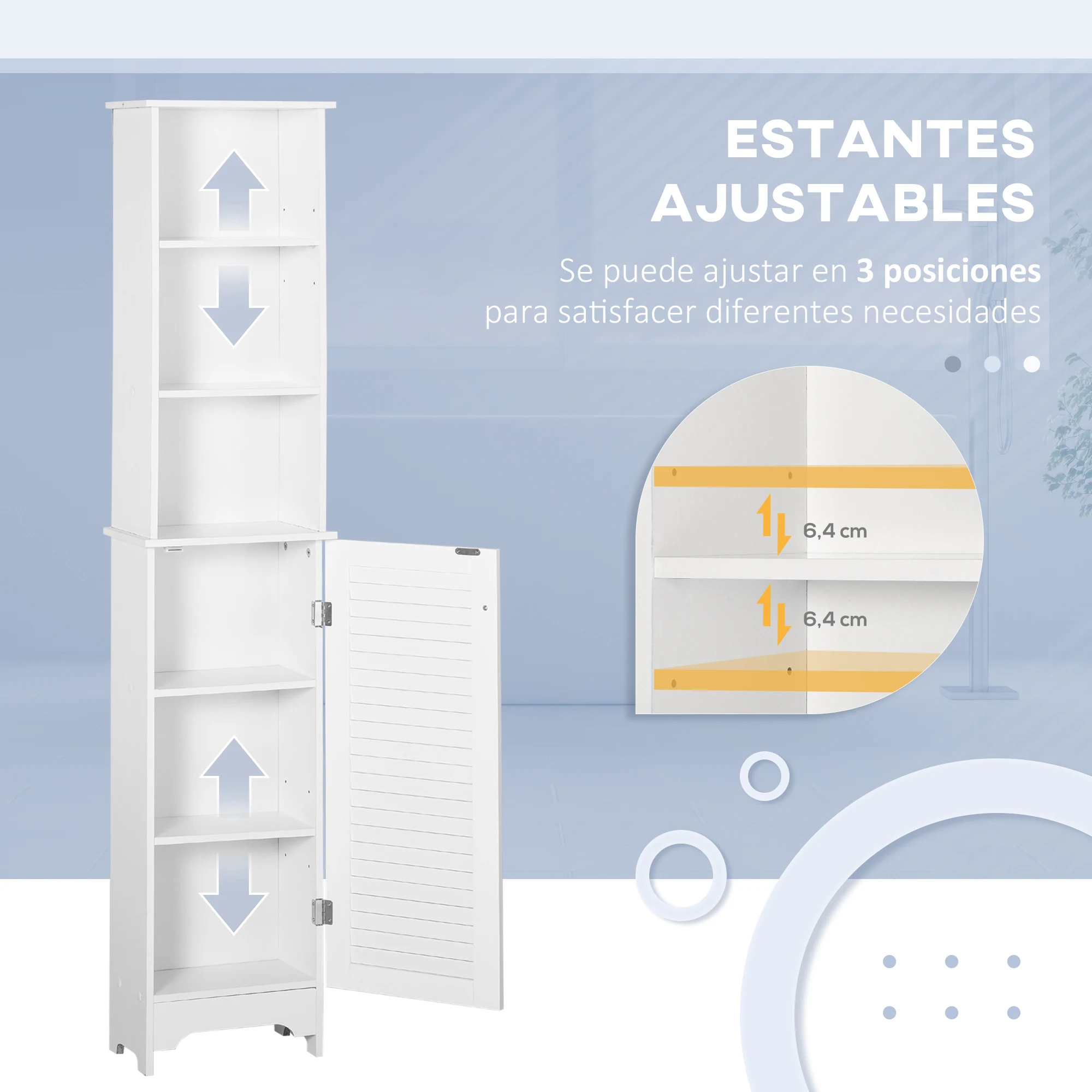 Armario Alto de Baño con Estantes Abiertos y Balda Interna, Mueble Auxiliar de Almacenamiento, 34x20x165 cm, Blanco