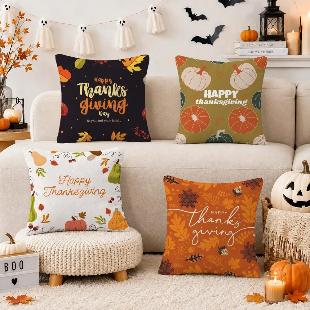Thanksgiving Pumpkin Maple Leaf Cushion Cover Soft Short Plush Double-Sided Printing Sofa Home Decor Festival Pillow Case Gifts
