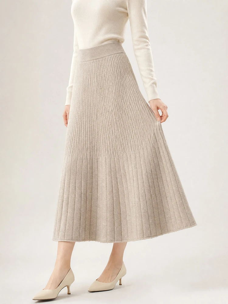 100% Pure Wool Skirt For Women's Medium Long Knitted High Waist Slim A-line Large Swing Umbrella Style Cashmere Pleated Skirt