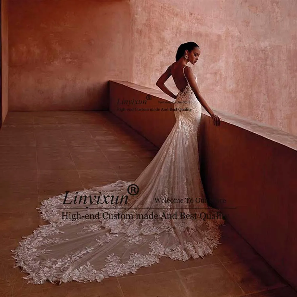 Sexy Brautkleider mit Spitze und Spaghettiträger, Meerjungfrau-Brautkleider, maßgeschneidert, tiefer V-Ausschnitt, offener Rücken, Robe de Mariée