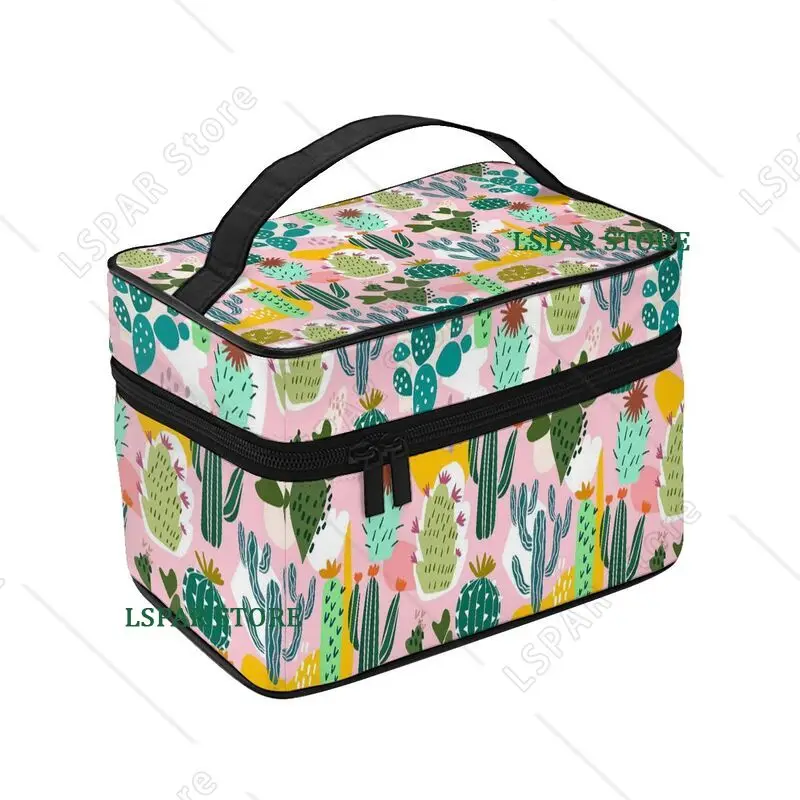 Carrying Portable Zip Travel Makeup Train Case Watercolor Cactus Travel Cosmetic Brush Bag Large Toiletry Bags for Girls Women