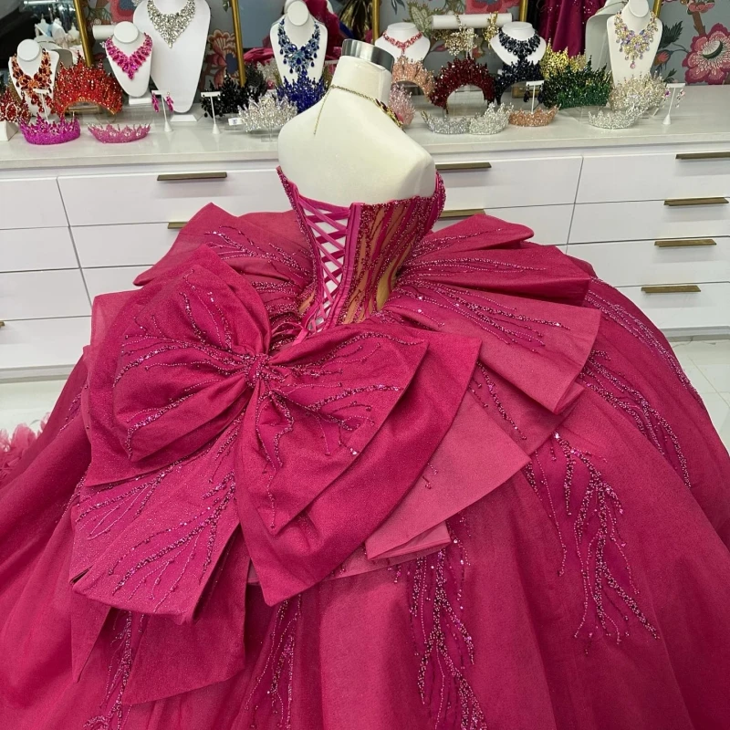 Rosa vermelha quinceanera vestidos de baile fora do ombro miçangas cristal em camadas tull arco festa aniversário doce 16 vestido