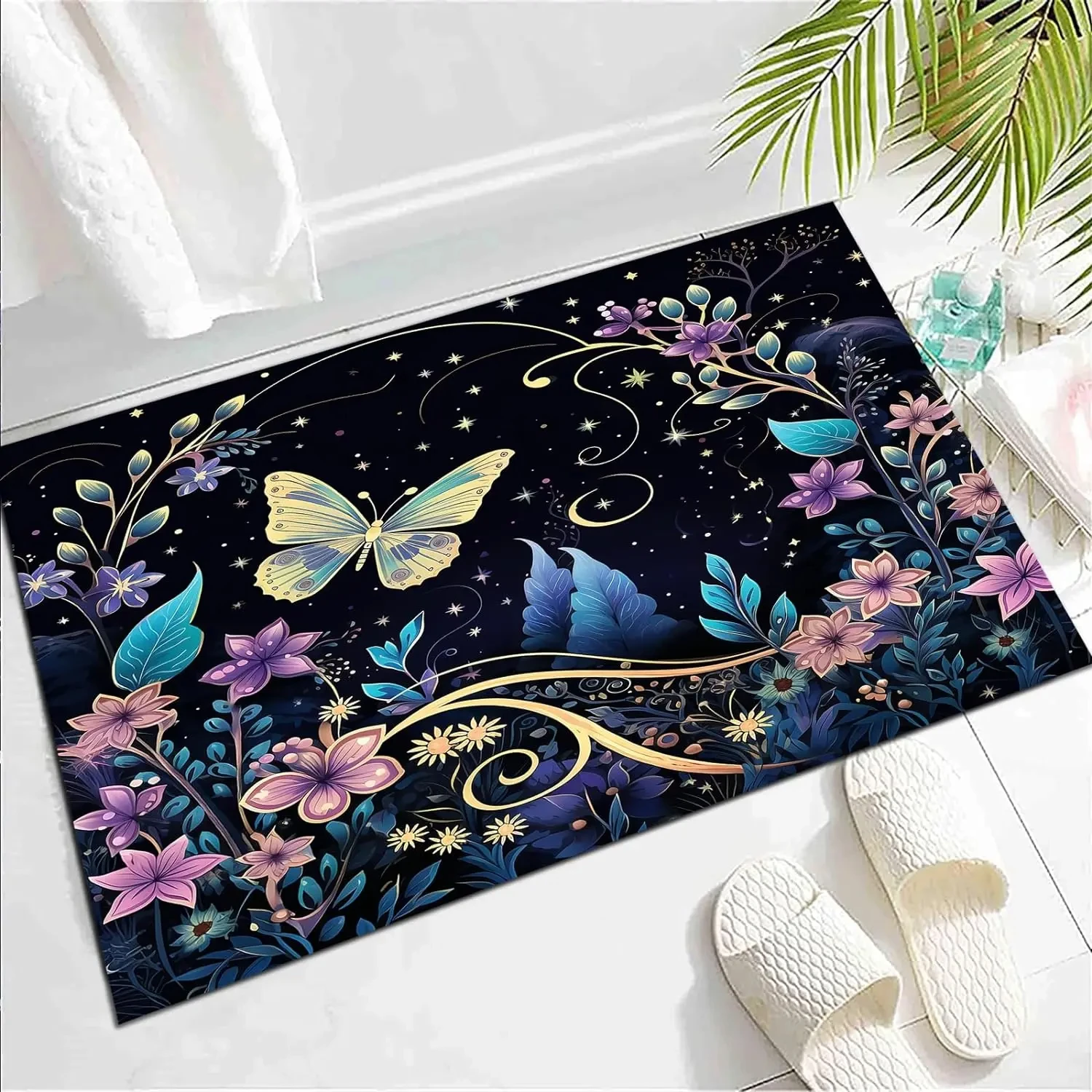 Karpet Boho Motif Kupu-kupu dan Bunga Botani untuk Dekorasi Kamar Tidur, Keset Bergaya Impian, Karpet Lantai Dalam Ruangan Motif Daun Rustic